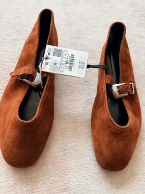 Zara Rust Brown Suede Mary Jane Flats Silver Buckle Size 7.5